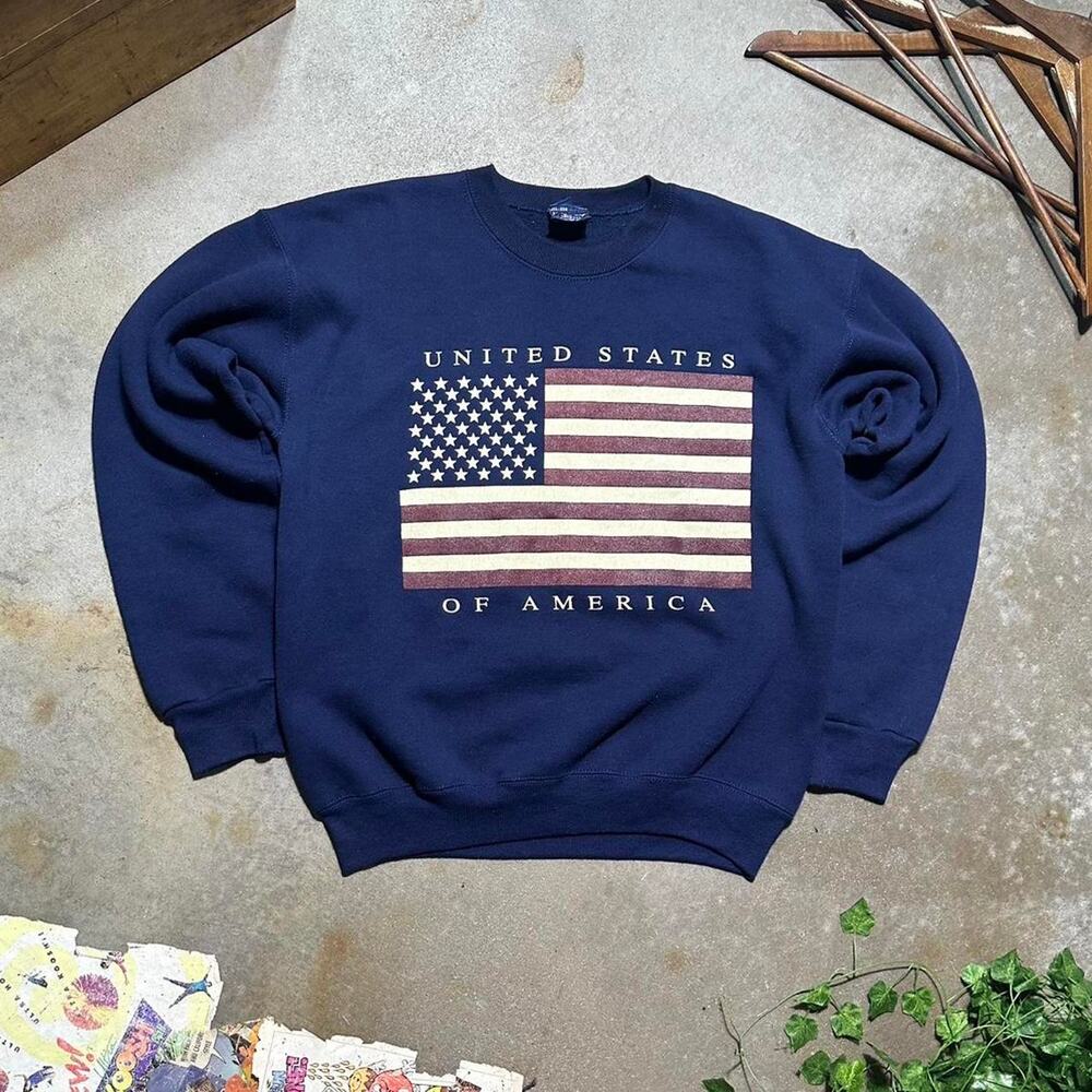 Vintage 90s JanSport United States Of America Flag Navy Blue Red USA Sweatshirt